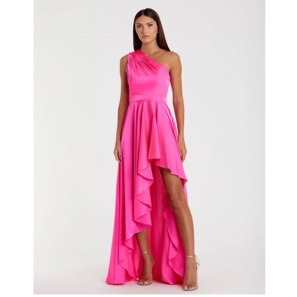 Mac Duggal Hot Pink One Shoulder Satin High Low Gown Formal Dress NEW